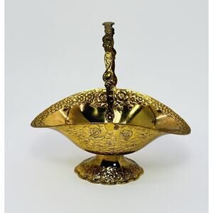 Holiday Imports Gold Plated Metal Basket with Handle Pedestal Floral Decor
